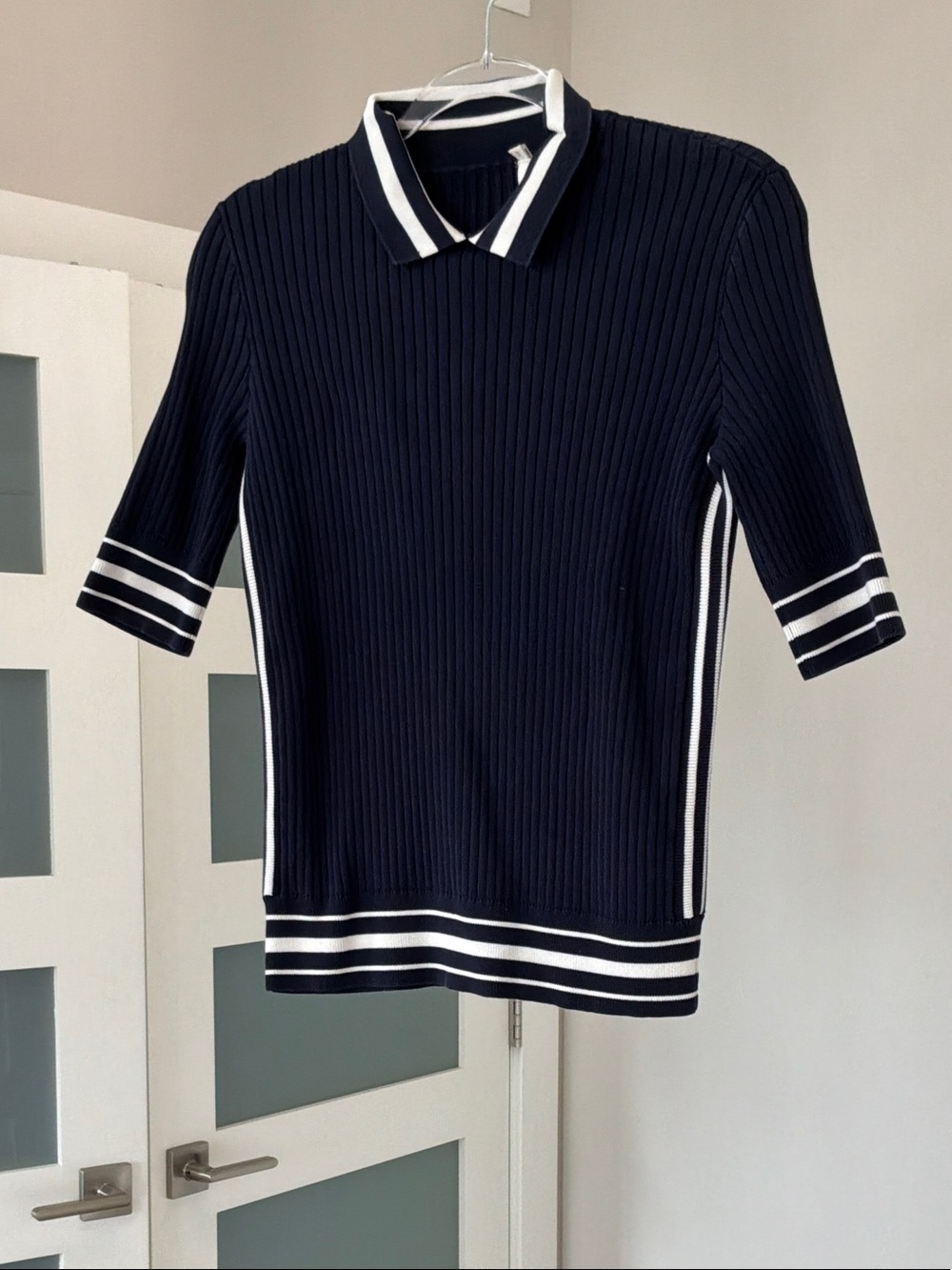 Tory Burch Navy and White Striped Ribbed Polo